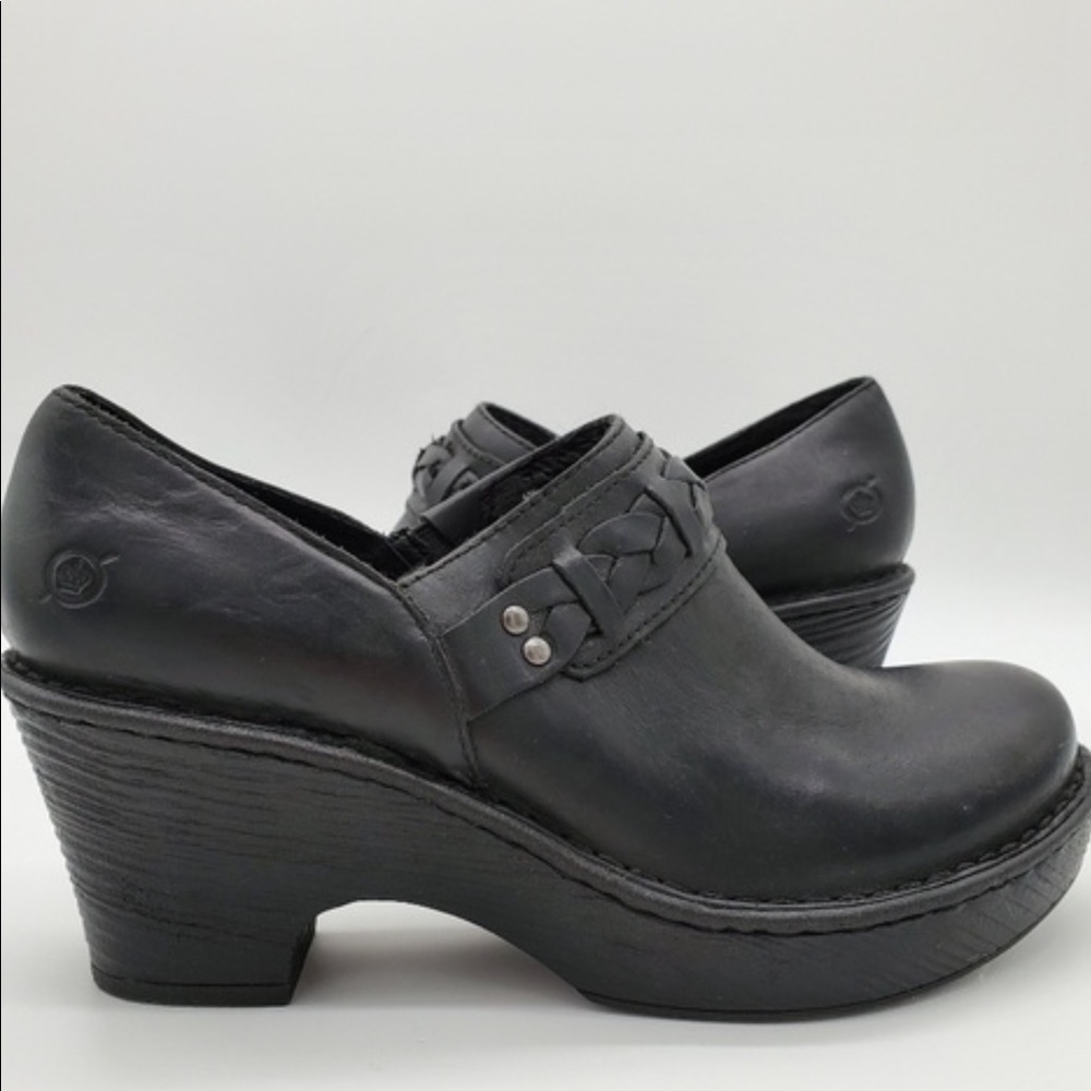 Born Ladies Black Leather Braid Heel Skathi Clog